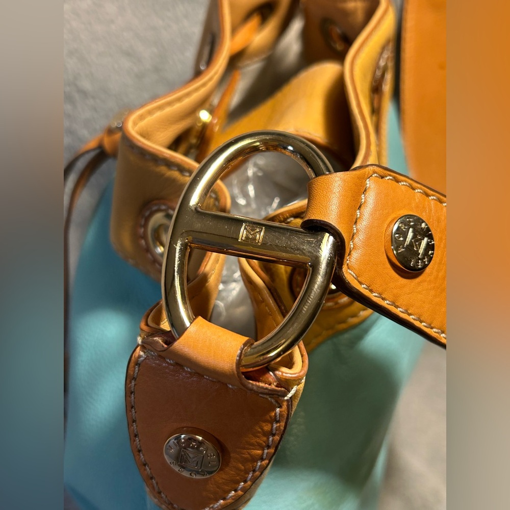 Michael Kors Griffin Drawstring Hobo Turquoise & Tan Leather - Picture 7 of 10